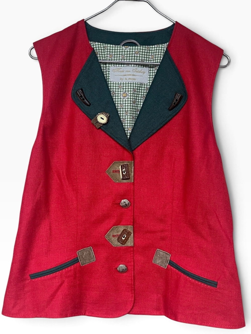 H. Moser Made in Salzburg vintage red & green linen blend trachten vest Austria